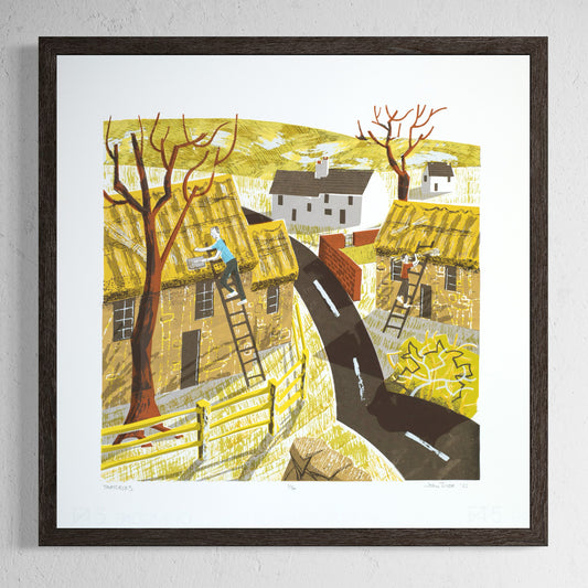 Thatchers screenprint. It features two thatchers working on roofs of cottages in England. It is printed in eleven colours.