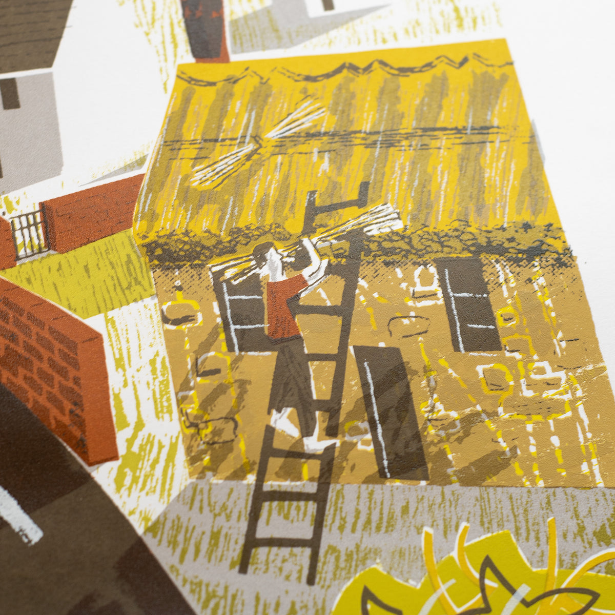 Detail of my Thatchers screenprint showing a man up a ladder carrying a sheaf of straw to the roof of a cottage.
