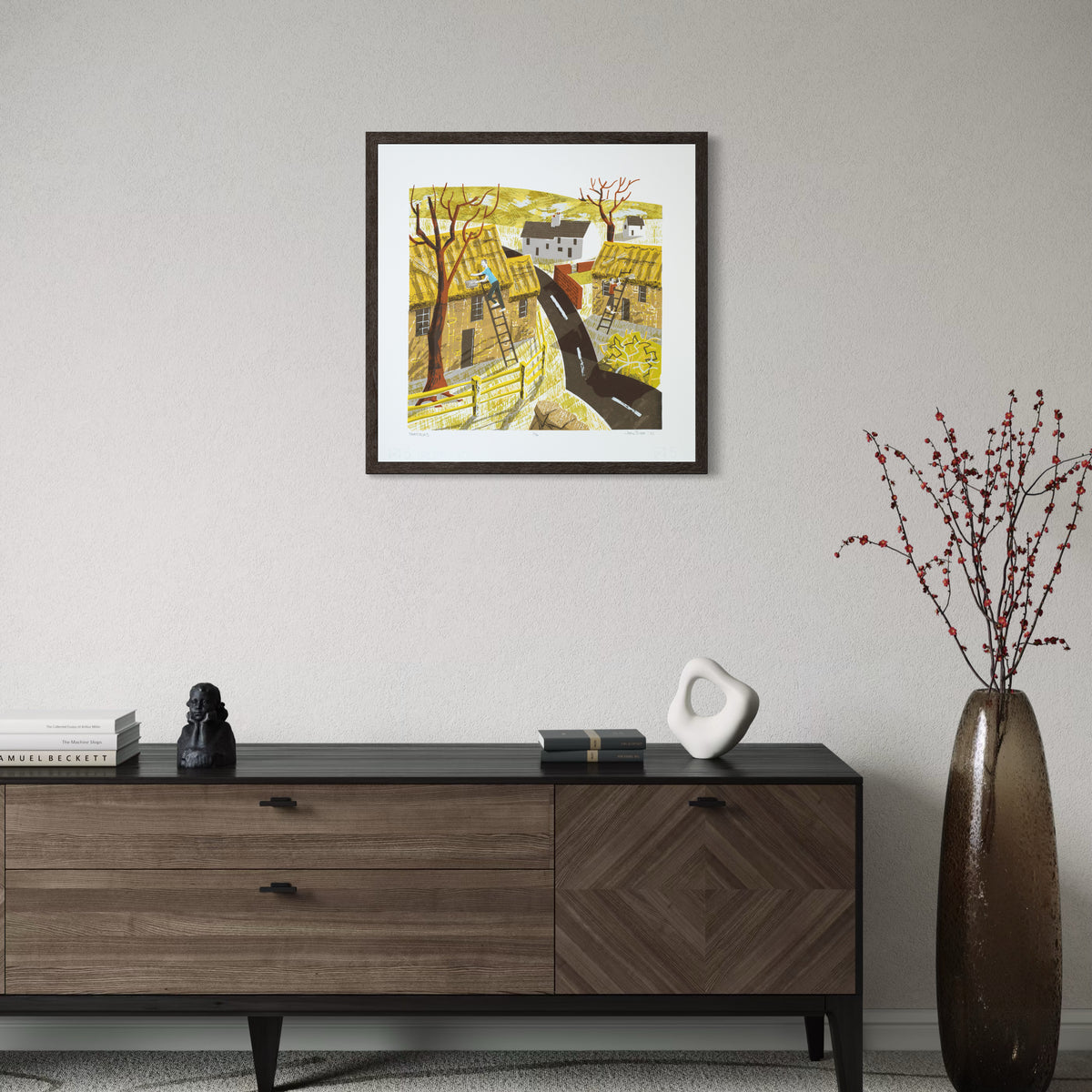 Thatchers screenprint. It features two thatchers working on roofs of cottages in England. It is printed in eleven colours.
