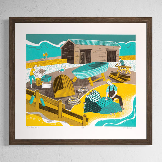 This "The Boatyard" hand pulled screen print depicts fishermen working on boats and nets on a beach. It is inspired by harbours we have visited in Cornwall and beyond. 