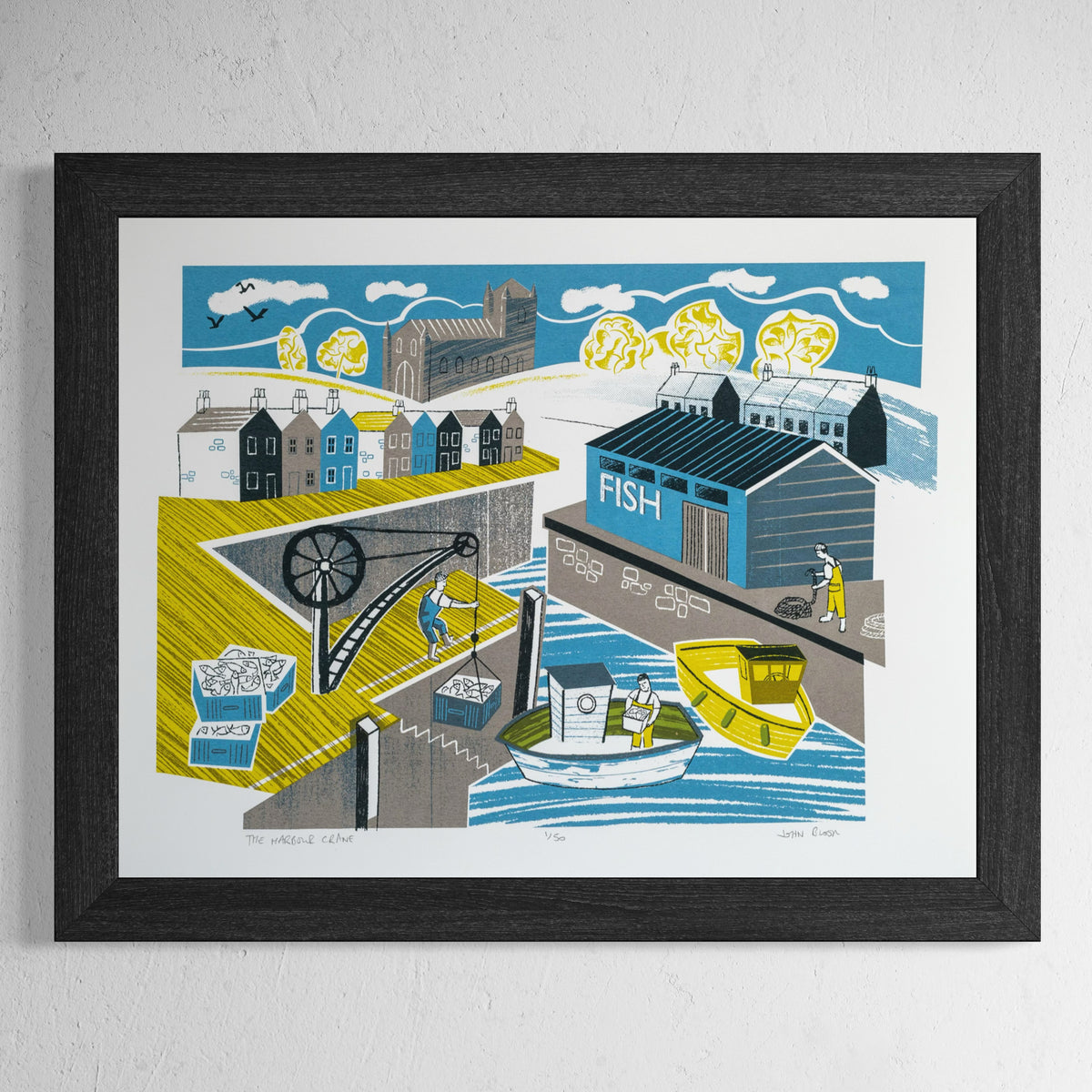 The Harbour Crane hand pulled screen print depicting fishermen working in a harbour, unloading a boat using a crane.