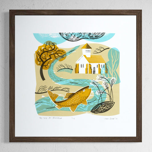 The Test at Freefolk screenprint is inspired by the river Test and features a tiny white church next to the river. It also features one of the river's trout.