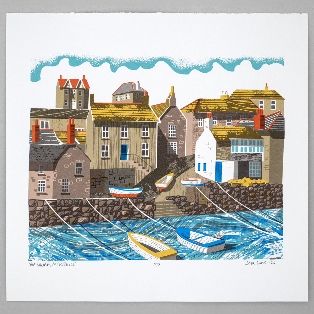 This "The Wharf, Mousehole" screenprint shows The Wharf road coming down to the harbour front in beautiful Mousehole, Cornwall with all the houses on the harbour front. It is shown on a grey background.