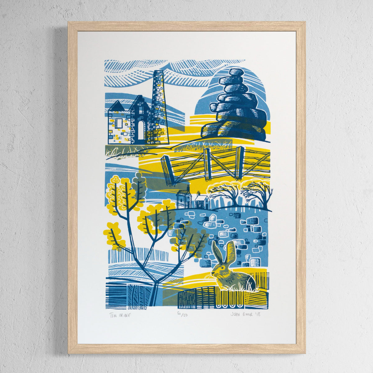 Tin Mine screenprint. It depicts a tin mine in an abstract scene, with a rock stack, fence, gorse, a rabbit, dry stone wall, houses and wind blown trees. 
