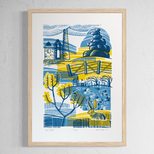 Tin Mine screenprint. It depicts a tin mine in an abstract scene, with a rock stack, fence, gorse, a rabbit, dry stone wall, houses and wind blown trees. 
