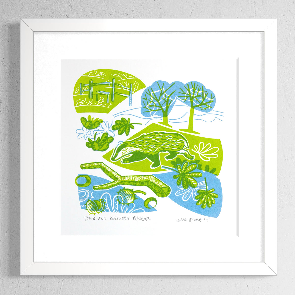 A screenprint in green and blue showing a badger running along between fallen leaves, trees and treetrunks.
