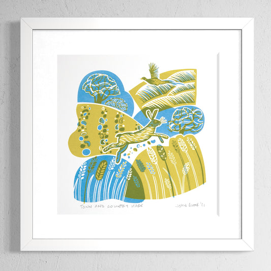 A screenprint in yellow and blue showing a hare running over fields of wheat. In the background is a pheasant. 