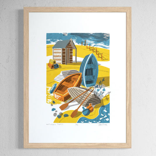 Upturned Boats screenprint, depicting four small wooden boats on a beach, some upturned, with a hut behind that, buoys and a fence.
