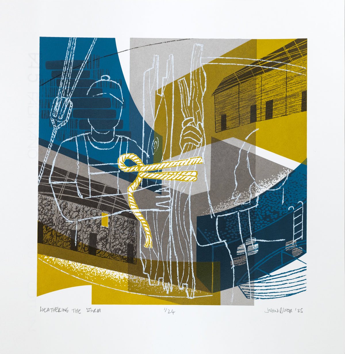A yellow, blue and grey print showing an abstract harbour scene with two people superimposed in white holding driftwood.