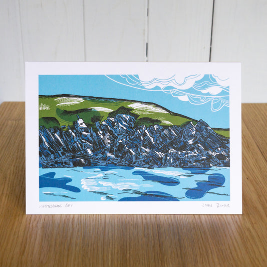 Whitesands Bay greetings card. It depicts Whitesands Bay cliffs near St. Davids in Wales. 