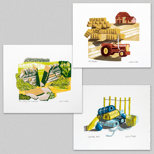 Set of Lobster Pots, Haystacks and The Stile at Tintagel, hand pulled unframed screenprints