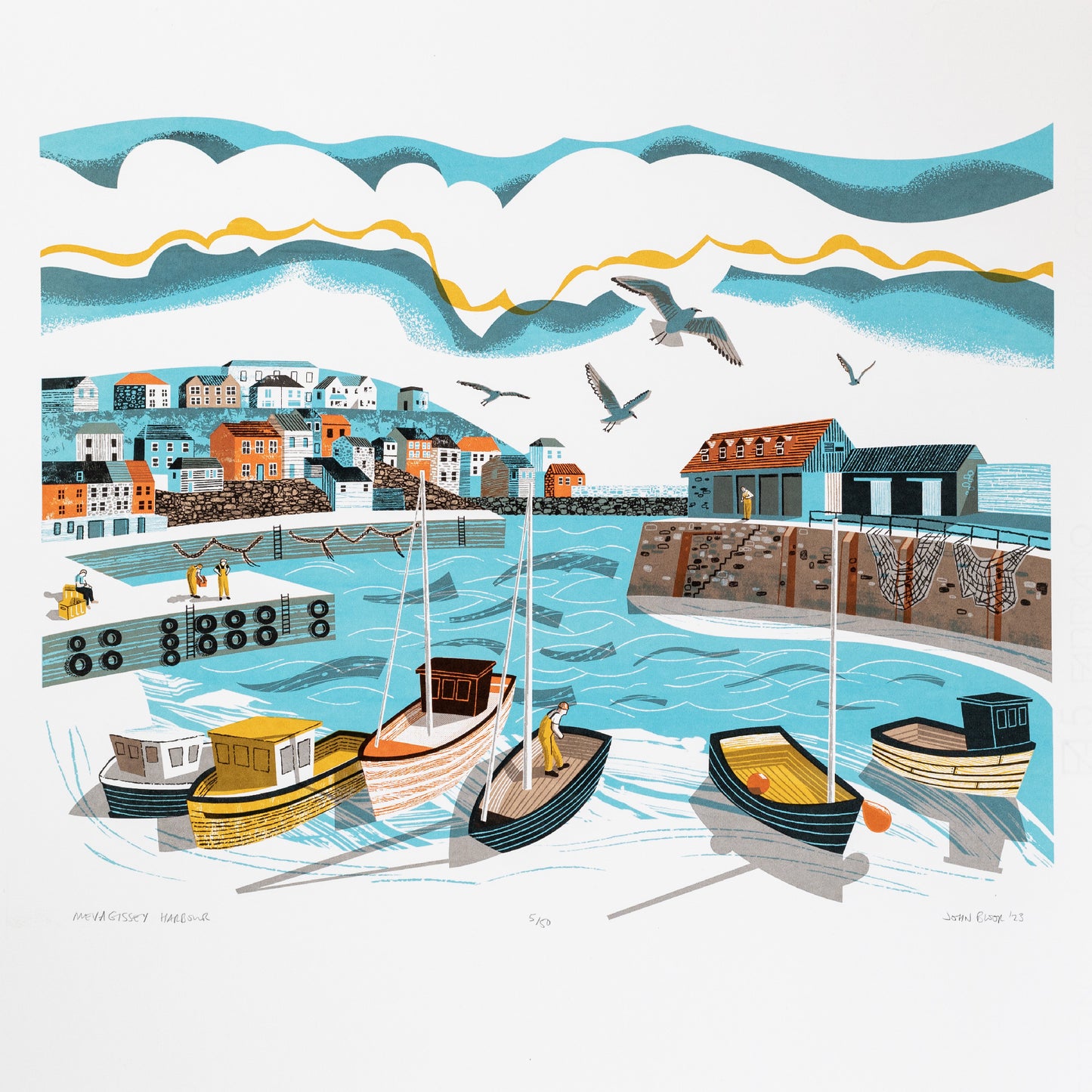 Mevagissey Harbour, six colour limited edition unframed screenprint