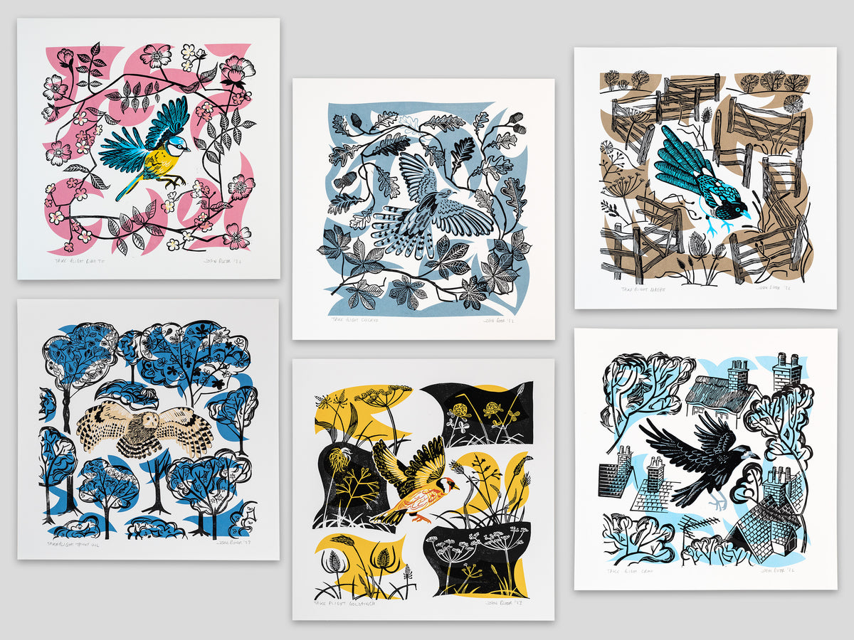 A set of six Take Flight bird prints. It includes one each of the Blue Tit, Crow, Magpie, Cuckoo, Tawny Owl and Goldfinch linocut and screen prints.