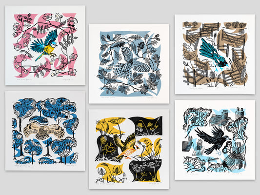 A set of six Take Flight bird prints. It includes one each of the Blue Tit, Crow, Magpie, Cuckoo, Tawny Owl and Goldfinch linocut and screen prints.