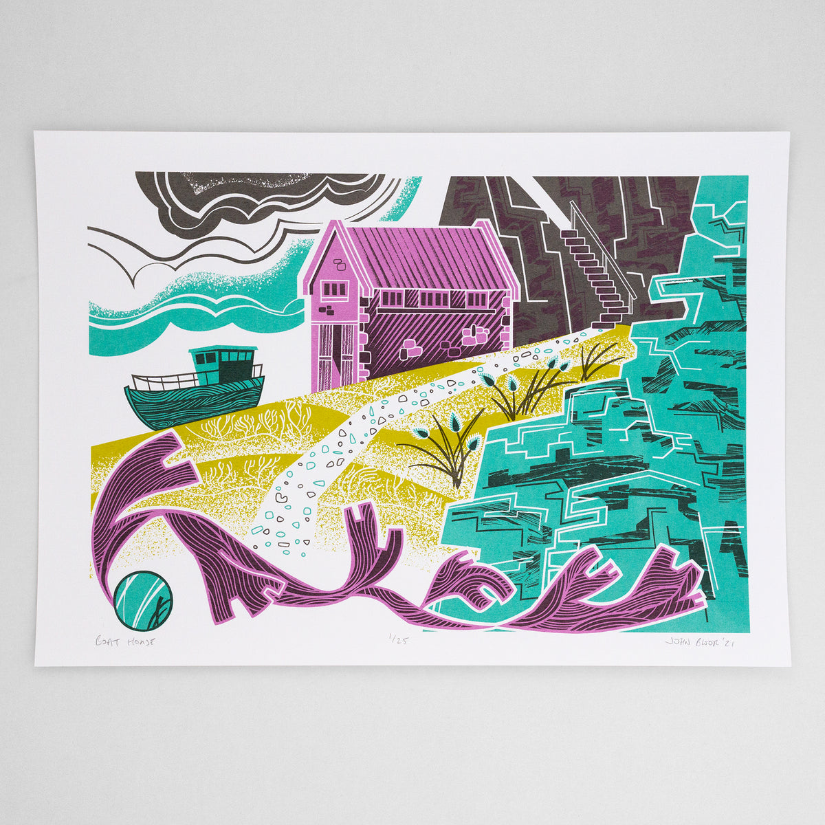 Boat House screenprint. It depicts a pink boat house and green boat on a slipway, with cliffs to the right, sand and seaweed in the foreground. 