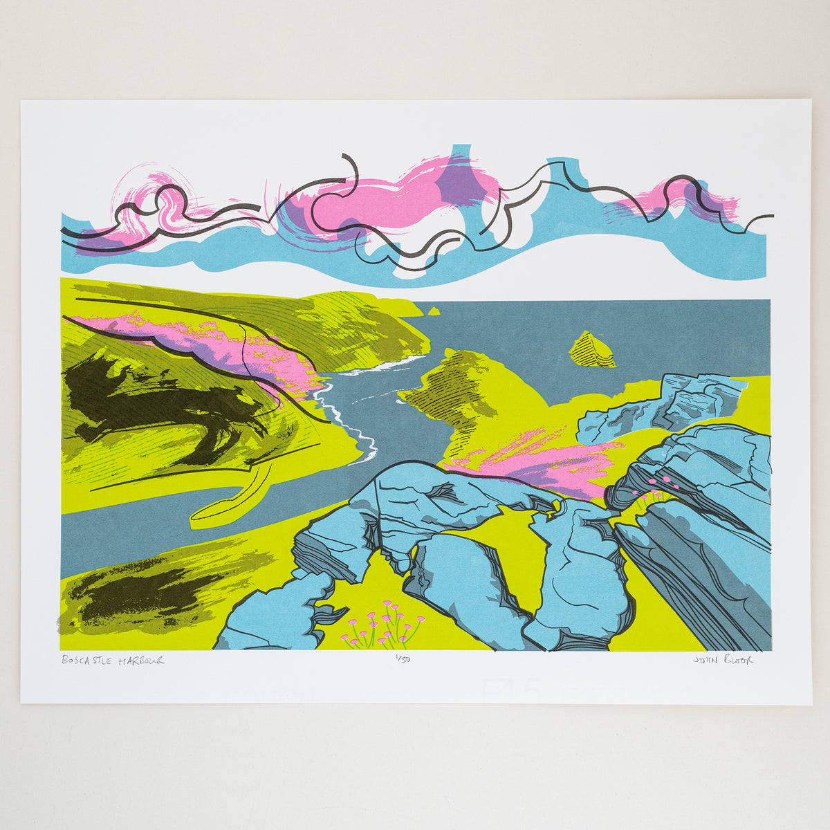 This Boscastle Harbour hand pulled screen print depicts the view of Boscastle Harbour from high up on the coastal path. 