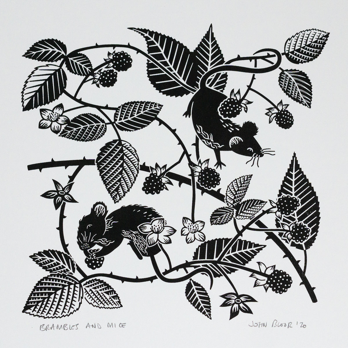 Brambles and Mice screen print. It depicts two field mice climbing amongst brambles and eating the fruit. 