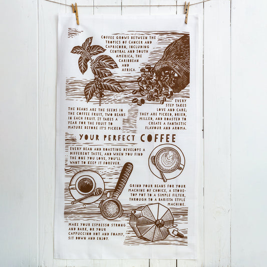 Coffee lovers tea towel. It shows how coffee is made and what makes it special. 