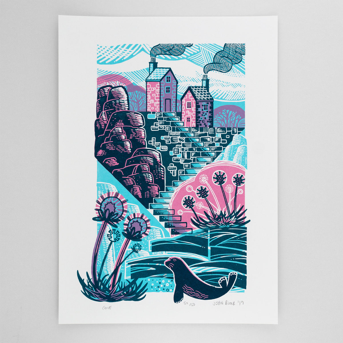 Cove screenprint. It features a hidden cove with steps going down to it from two houses. There are rocks on either side. At the bottom of the steps is the sea and a seal in the water. There are thrift flowers on either side. 