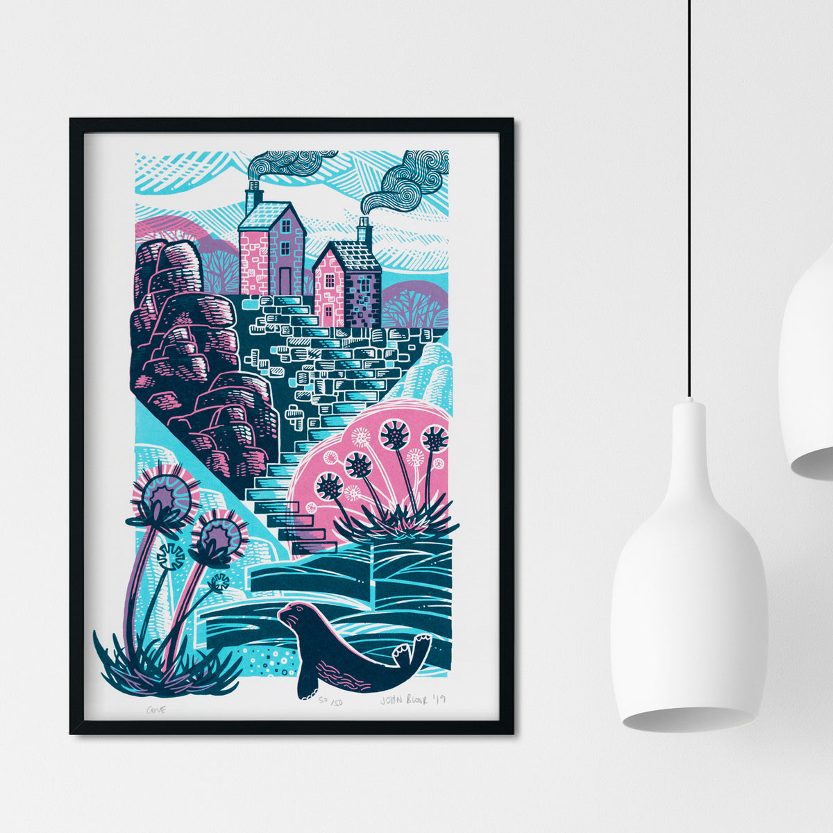 Cove screenprint. It features a hidden cove with steps going down to it from two houses. There are rocks on either side. At the bottom of the steps is the sea and a seal in the water. There are thrift flowers on either side. 