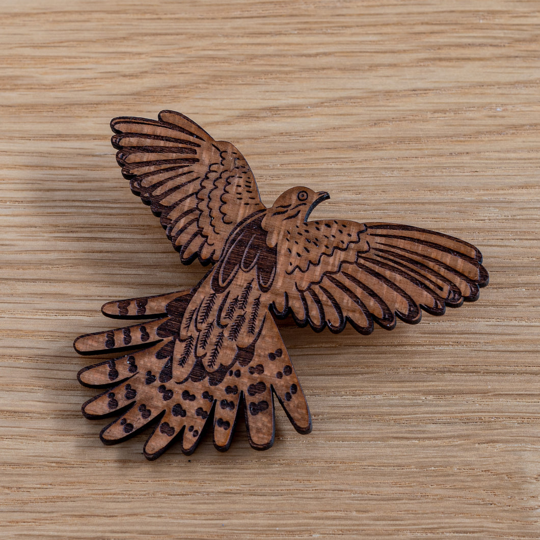 Take Flight Cuckoo wooden brooch in cherry