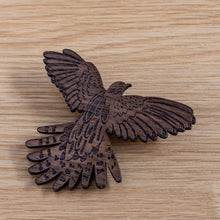 Load image into Gallery viewer, Take Flight Cuckoo wooden brooch in walnut
