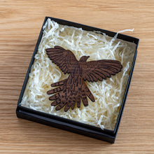 Load image into Gallery viewer, Take Flight Cuckoo wooden brooch in walnut
