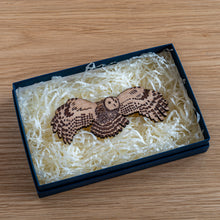Load image into Gallery viewer, Take Flight Owl wooden brooch in maple
