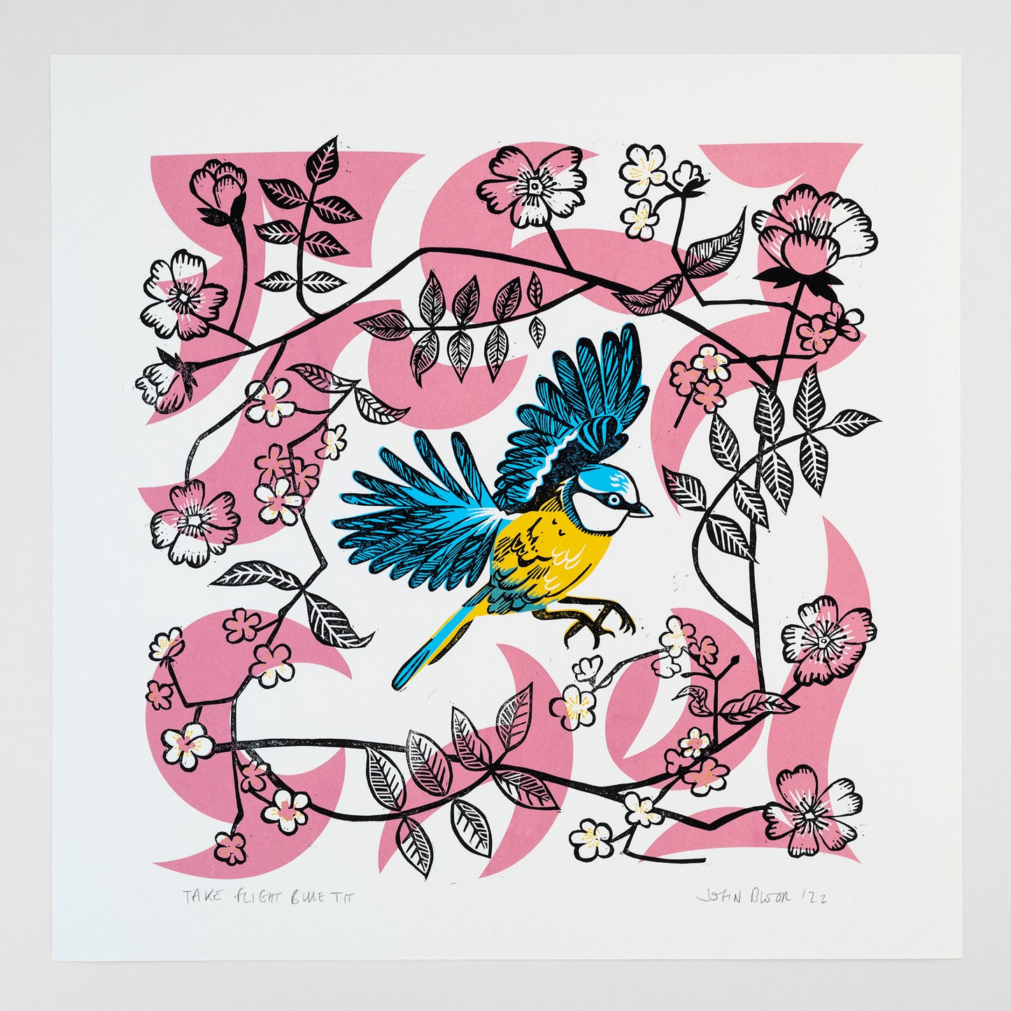 Take Flight Blue Tit hand printed unframed linocut and screen print
