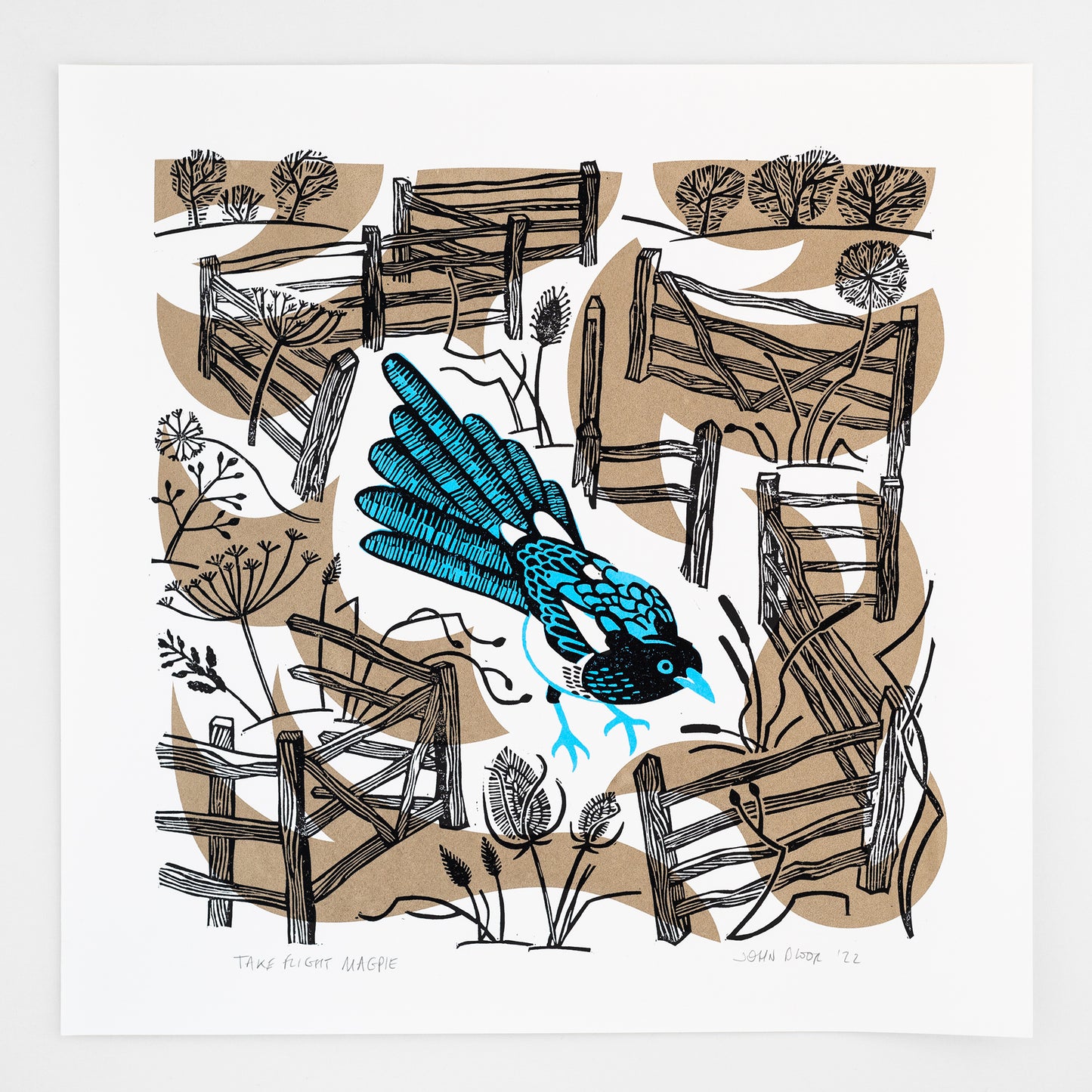 Take Flight Magpie hand printed unframed linocut and screen print