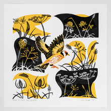Load image into Gallery viewer, Take Flight Goldfinch hand printed linocut and screen print
