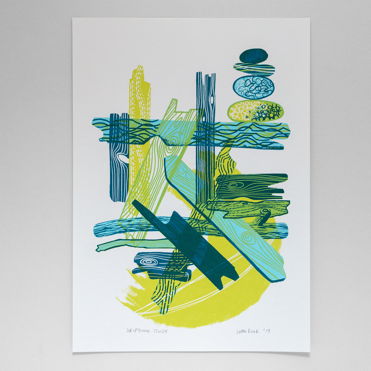 Driftwood study depicting blue yellow and green driftwood in an abstract style.