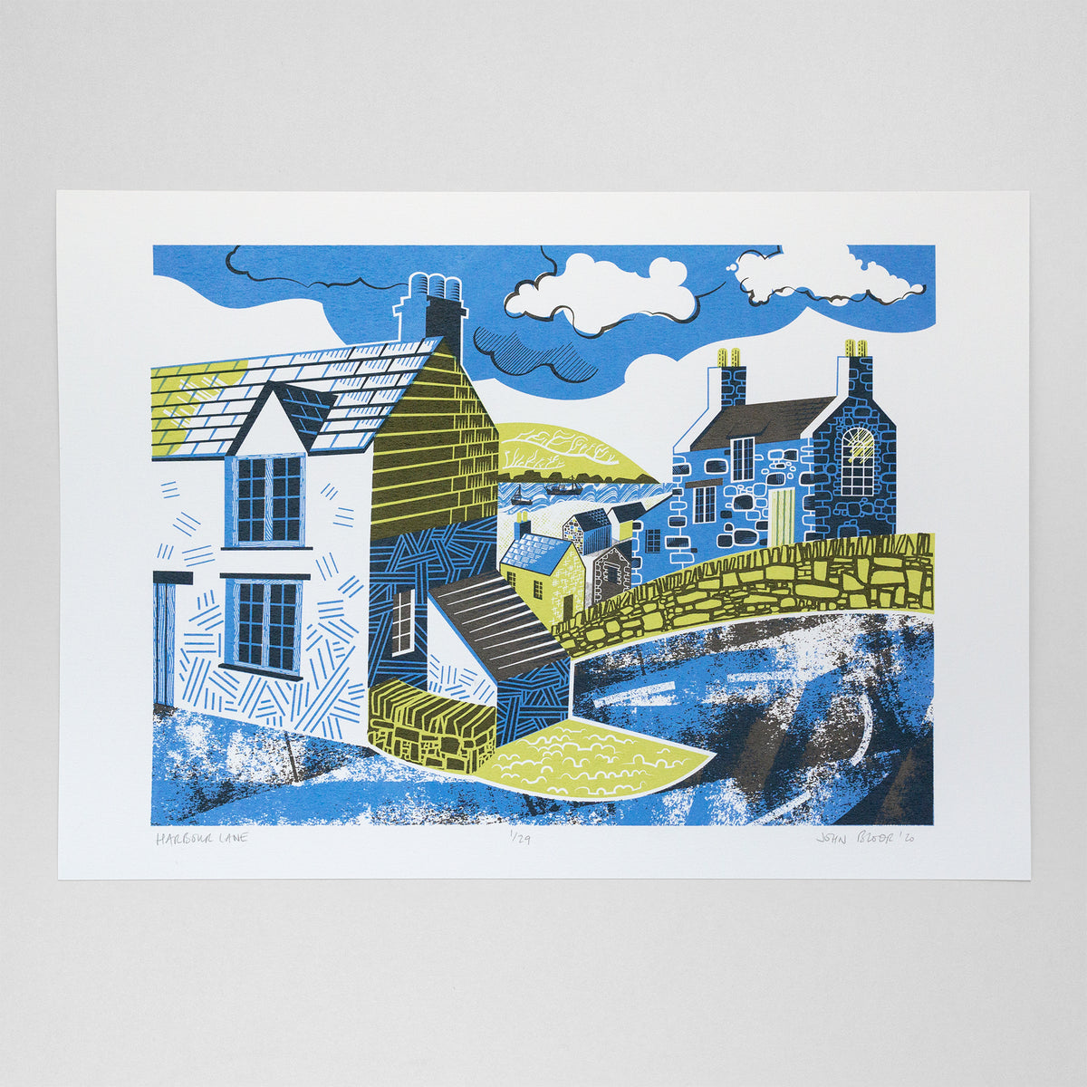 Harbour Lane screenprint. It depicts a road going down to a harbour, with houses on either side. The road turns around a corner and there's a dry stone wall. Between the houses you can see the harbour. 