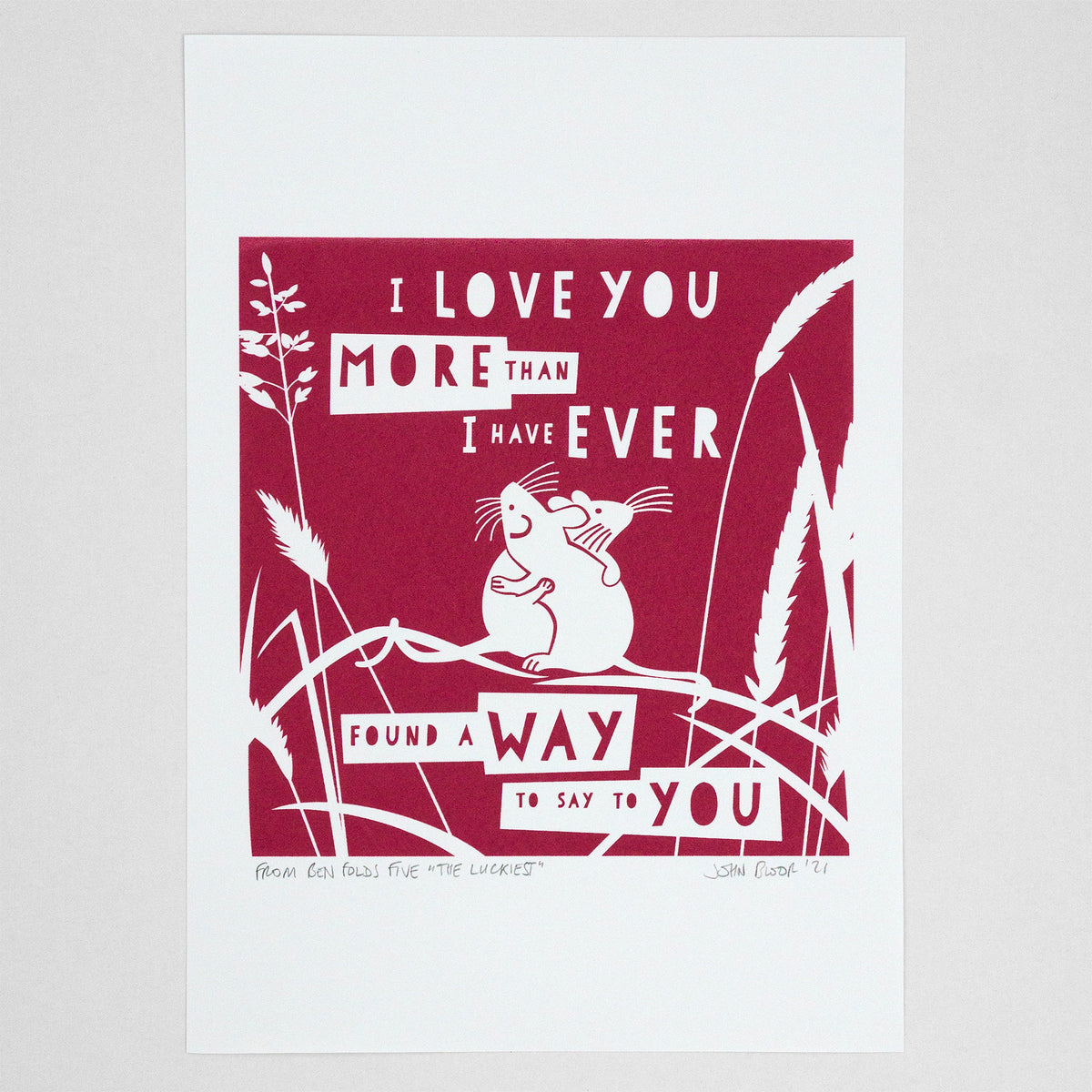 More Than I Have Ever Found A Way screenprint. It depicts two mice hugging. They are standing on grass leaves. It is printed in raspberry. 