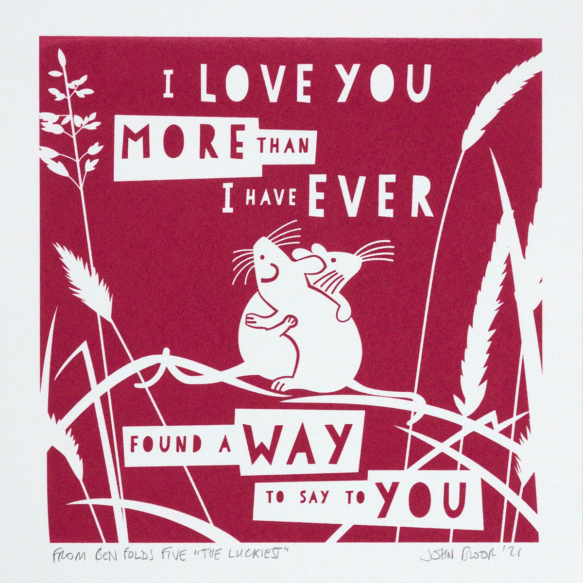 More Than I Have Ever Found A Way screenprint. It depicts two mice hugging. They are standing on grass leaves. It is printed in raspberry. 