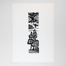 Load image into Gallery viewer, &quot;Crow Flight&quot; lino print, crows flying up from trees linocut
