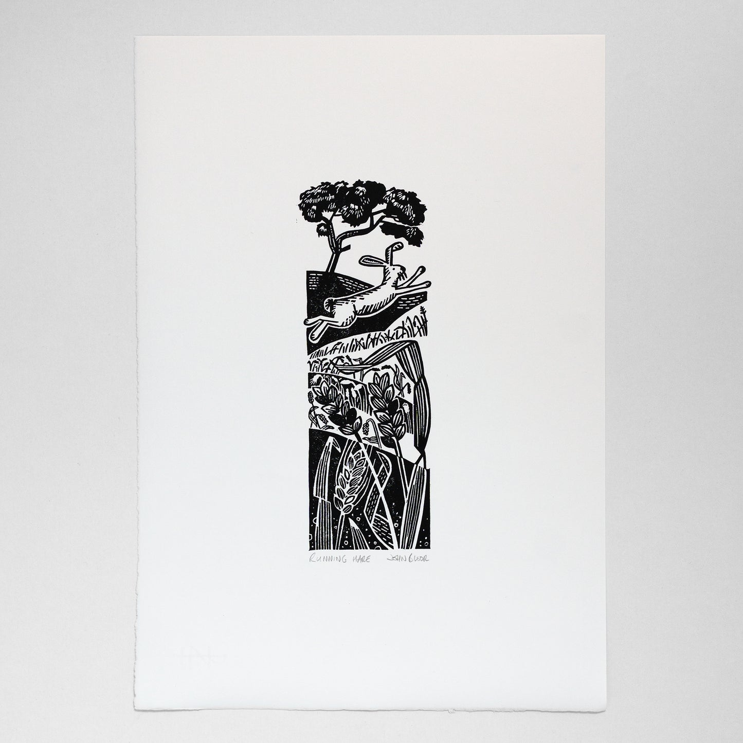 "Running Hare" lino print, bunny running across fields unframed linocut