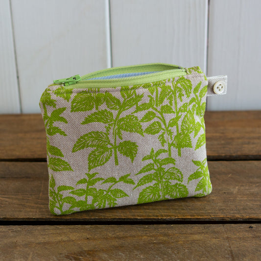 A small sized purse with a hand-designed nettles print on linen. All purses are made from my screen printed linen and lined with complimentary striped cotton. 
