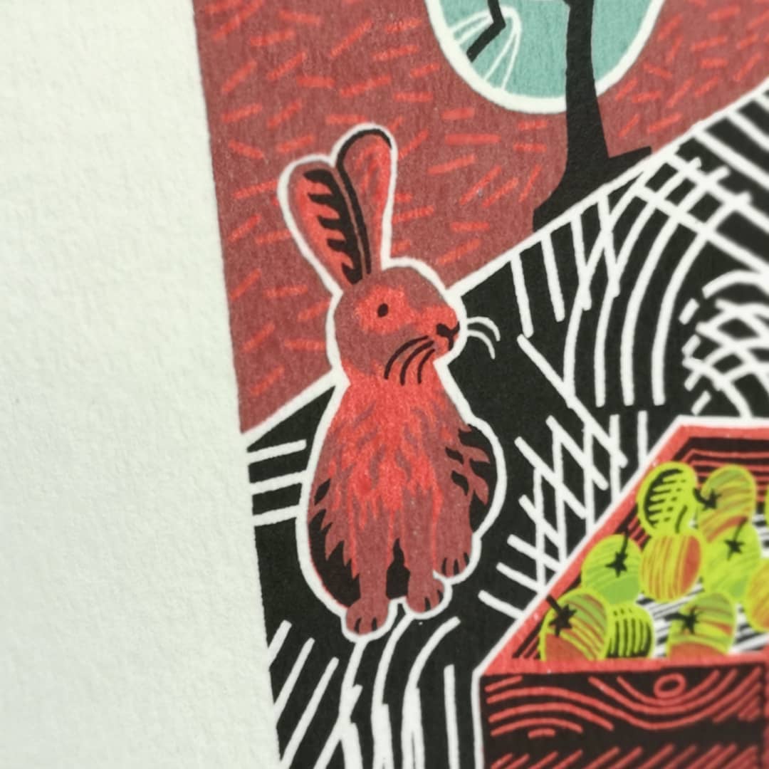 Orchard Harvest screenprint detail showing a rabbit