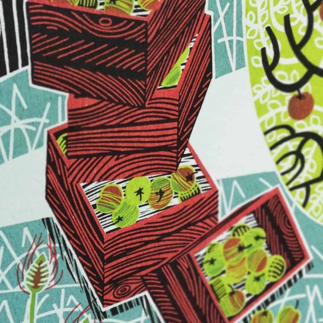 Orchard Harvest screenprint detail showing boxes of apples.