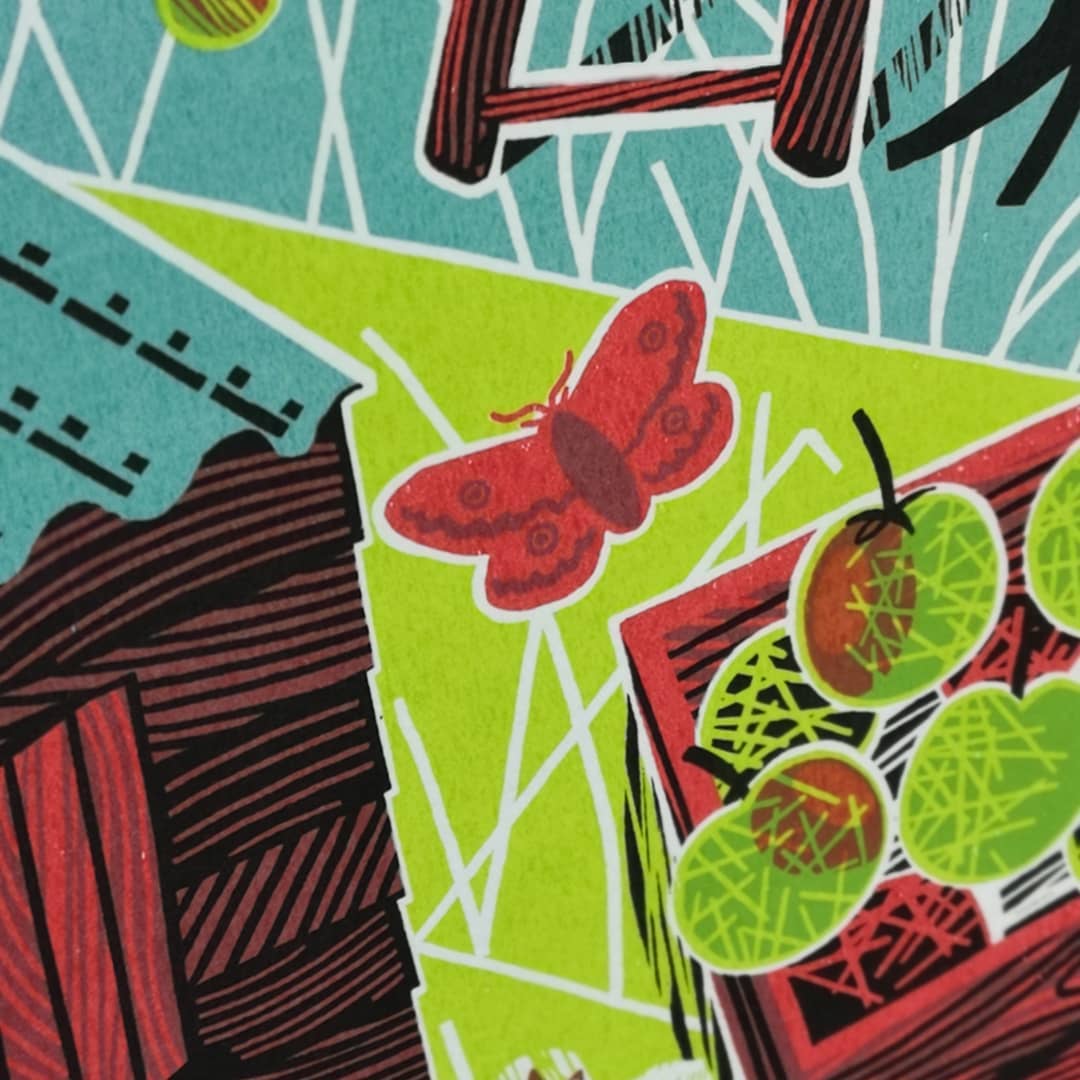 Orchard Harvest screenprint detail showing a red moth.