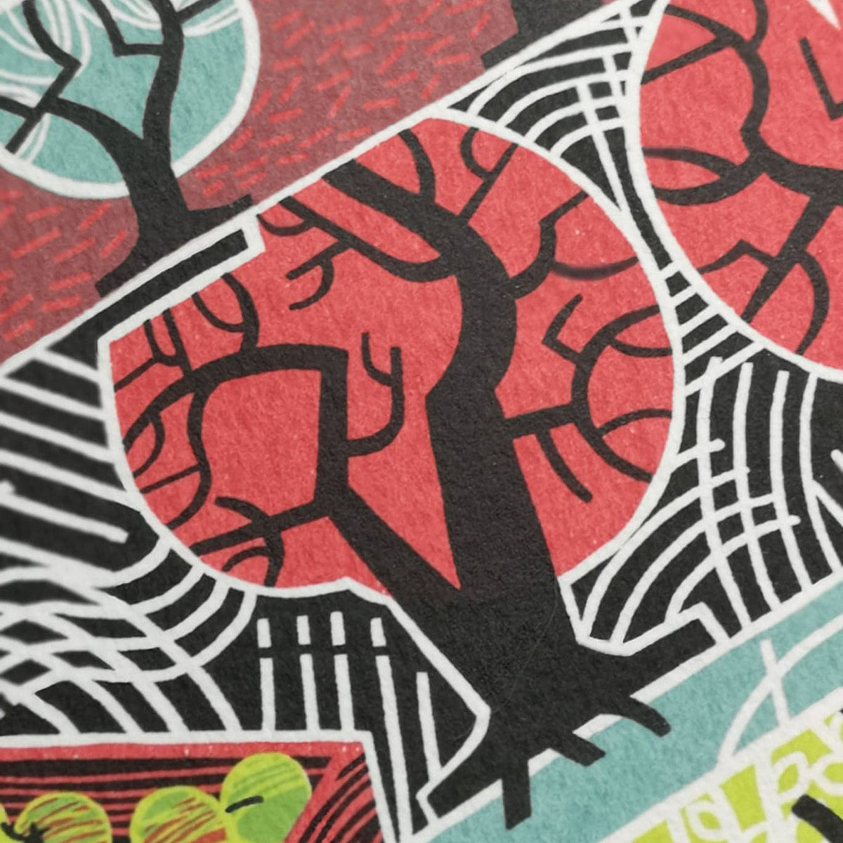 Orchard Harvest screenprint detail showing red trees.