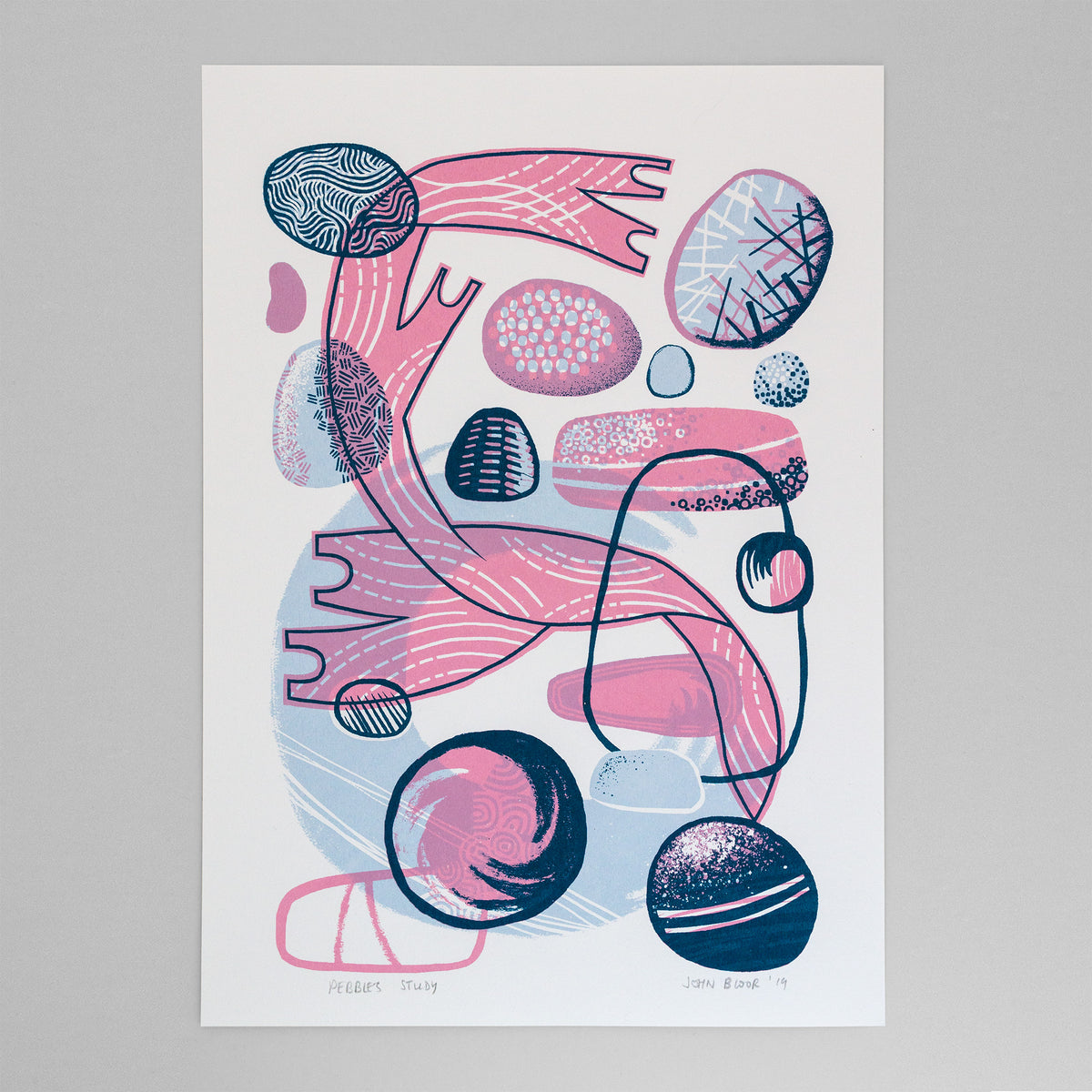 Pebbles Study screenprint. It depicts blue and pink pebbles and seaweed in an abstract style. 