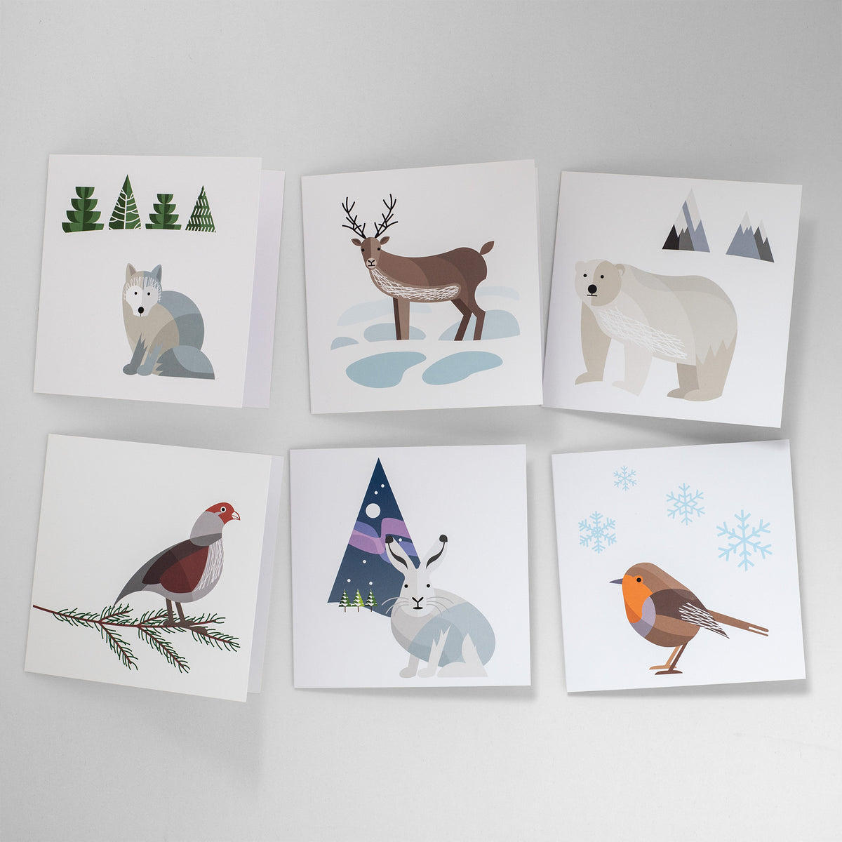 Six animal Christmas cards one of each of Arctic Fox, Reindeer, Polar Bear, Partridge, Arctic Hare and Robin.