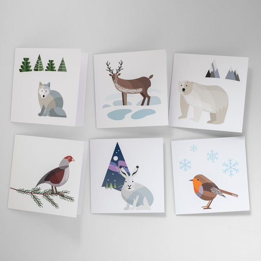 Six animal Christmas cards one of each of Arctic Fox, Reindeer, Polar Bear, Partridge, Arctic Hare and Robin.