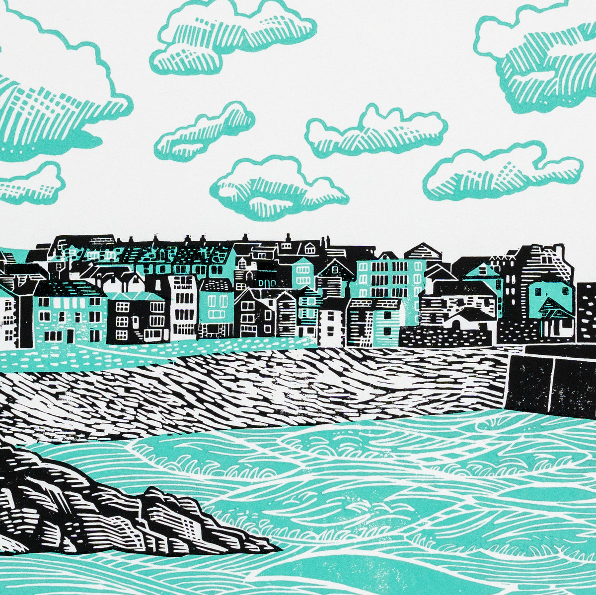 Detail of St. Ives linocut print showing houses looking out over the sea.