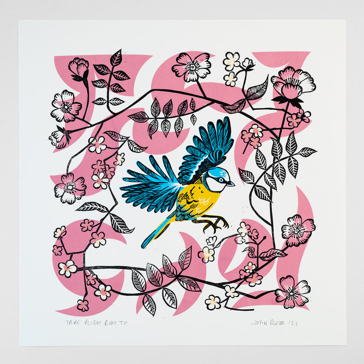 Take Flight Blue Tit hand printed unframed linocut and screen print depicting a Blue Tit flying amongst apple blossom.