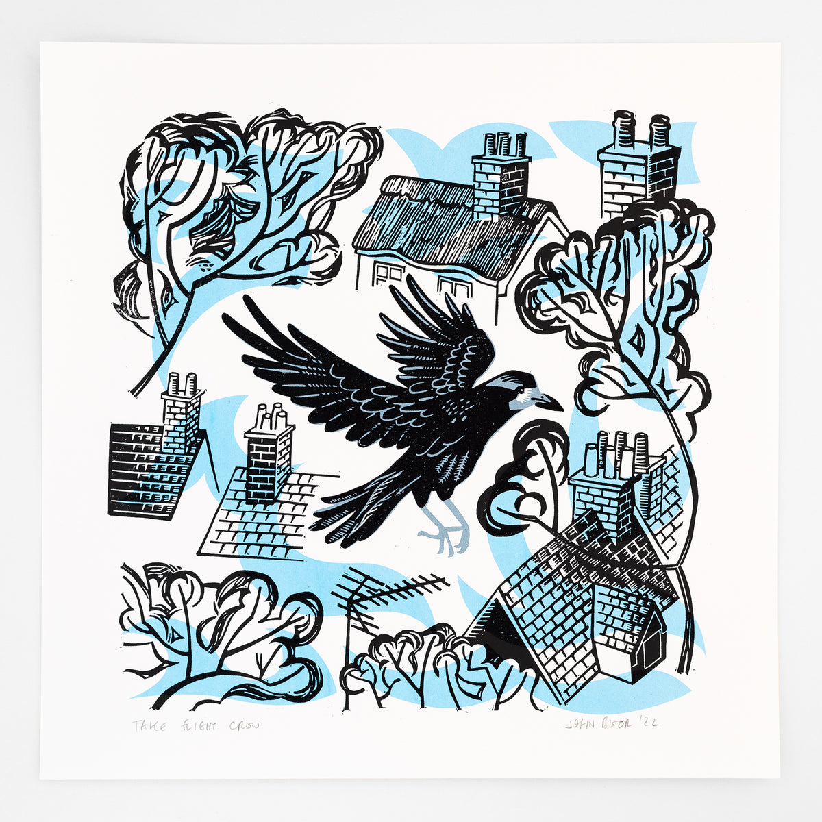 Take Flight Crow linocut and screenprint depicting a crow flying amongst rooftops and treetops.