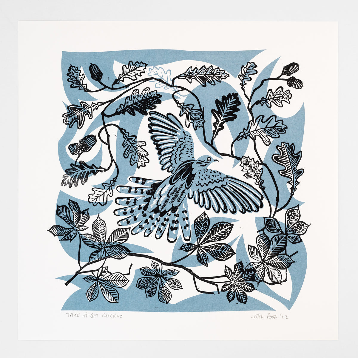 Take Flight Cuckoo linocut and screenprint depicting a Cuckoo flying amongst chestnut and oak leaves.