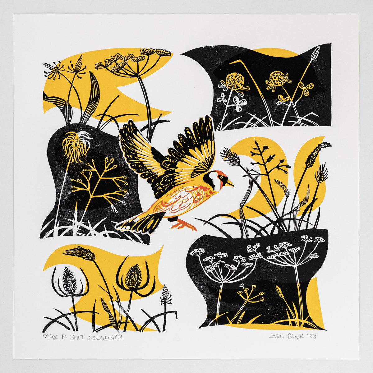 Take Flight Goldfinch linocut and screenprint depicting a Goldfinch flying between seed heads.